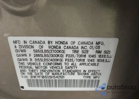 2005 Honda Pilot Ex-L from USA, damaged, VIN 2HKYF18505H542121